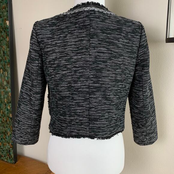 Frenchi Size L Tweed Crop Blazer Jacket Black and White Fringe Trim Preppy Fall - Picture 6 of 10